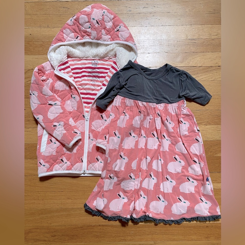 kic kee bunny print quilted jacket and matching dress. Size XS 5/6